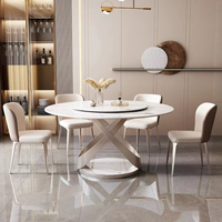 Ensemble de table à manger ronde en pierre frittée de luxe moderne avec 6 chaises en cuir, cadre en or rose, meubles pour la maison et les restaurants