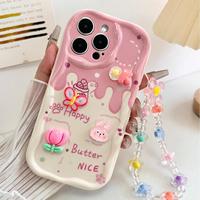Coque de téléphone portable DIY motif lapin floral mignon avec chaîne pour iPhone 16 Plus 15 17 18 Pro Max, motif crème, coque arrière