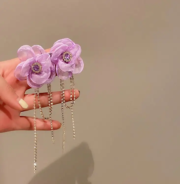 Spring Pink Rose lace Drop Earrings Long Ear Line crystal long tassel Rhinestone Earrings for Women Wedding Bride Jewelry