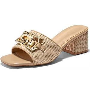 Sandali da Donna con <span class=keywords><strong>Tacco</strong></span> Spesso e Punta Quadrata in Rafia Intrecciata con Chiusura in Metallo Dorato, Stile Retrò, Prezzo di Fabbrica - Product Image 1