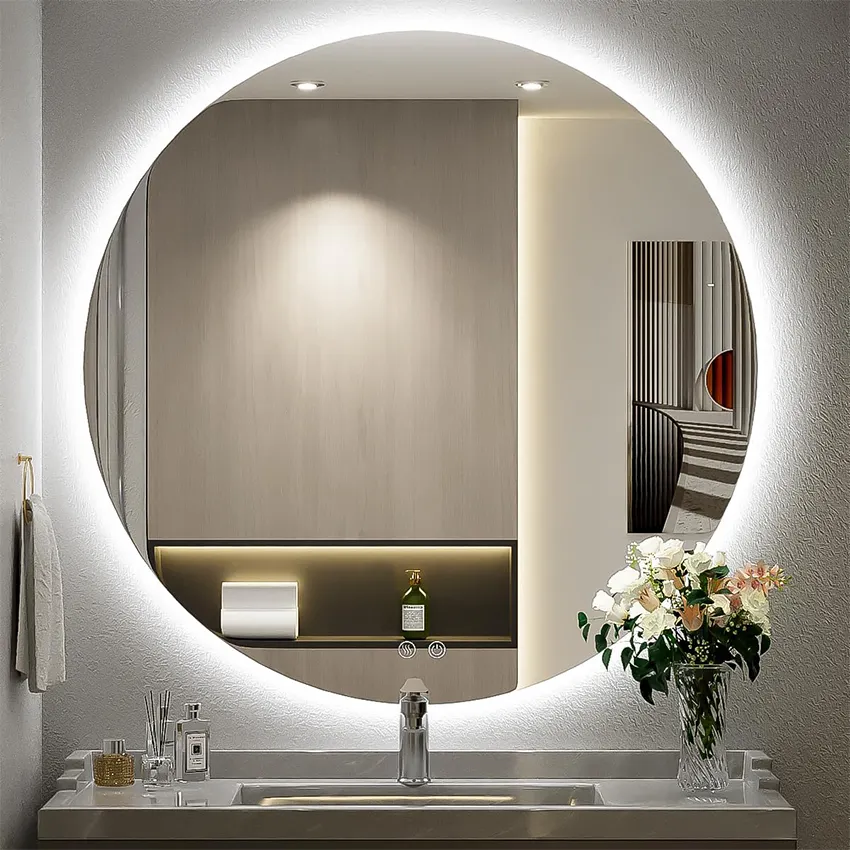 Vente en gros en usine de miroir mural intelligent décoratif de grande taille, miroir ovale de poche sans cadre, miroir à LED, miroir à LED de poche Spiegel