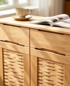 Mueble moderno de madera para guardar zapatos con puertas con persianas y estante abierto, diseño de mediados de siglo, mueble para la entrada. - Product Image 5