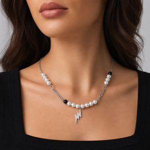 Collar con Colgante de Rayo de Acero Inoxidable para Mujer, Cadena de Eslabones con Perlas de Imitación, Chapado en Plata, Joyería de Acero Inoxidable - Product Image 5