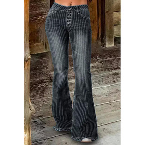 New Cross-Border European American Women's Hot Selling Explosions Striped Flared Wide Leg Pants Washed Spring Mid Waterproof - Product Image 6