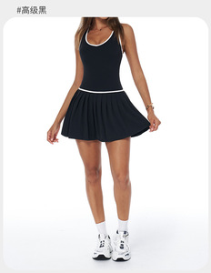 Gestreepte Contrasterende Kleur Custom Logo Padel Slanke Sexy V-Hals Jurk Snel Droog Geplooide Rok Aparte Shorts Paddle Tennisjurk - Product Image 6