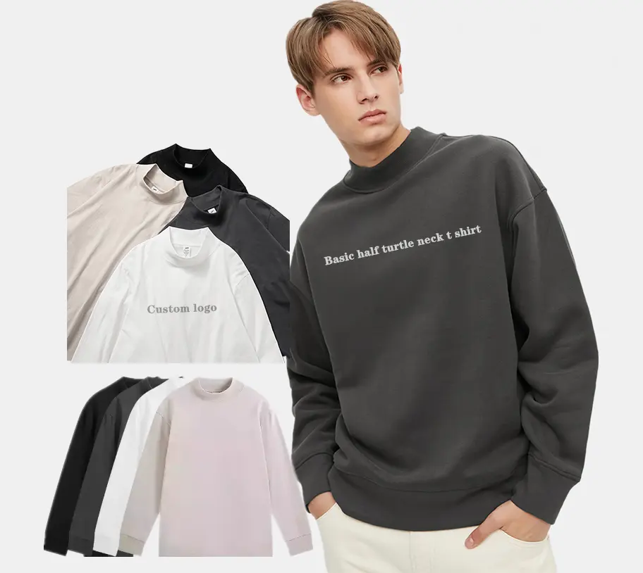 Custom logo Men's turtle neck Long Sleeve T shirts Wide band neck Basic Solid Color 230gsm 100 Cotton Tee Shirt