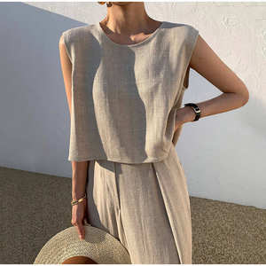 OEM Custom Korean Style New Products Cotton <strong>Hemp</strong> Linen <strong>Clothing</strong> for Women Set Two-piece Sleeveless Top Loose Wide Leg Pants - Product Image 4