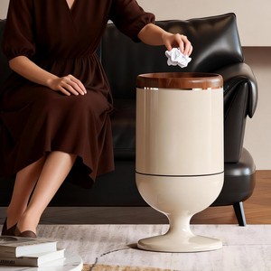 Tall Cylindrical Waste Bin With Wooden Lid Large Capacity Indoor Use For Kitchen Living Room Home Decor - Product Image 1