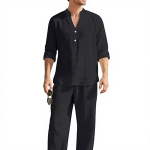 Ensemble 2 pièces décontracté homme en coton et lin, col montant, demi-ouvert, coupe ample, respirant, haut à manches longues et pantalon long, idéal été - Product Image 2