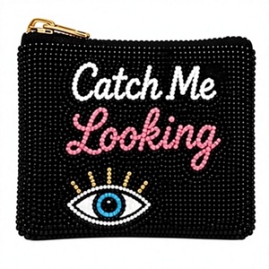 Women's <b>Square</b> Black Beaded Zipper Pouch Catch Me Looking Eye Design Coin Purse Glass Beads - Product Image 1