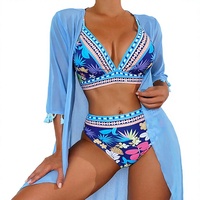 3-delige badpakken voor dames, tropische bloemenprint, badpak met doorschijnende mesh cover-up, klassieke set, zomerstrand bikini set