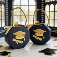 Boîte cadeau de graduation noire et or avec poignée et ruban, emballage en carton personnalisé pour bonbons, cadeaux de fête, souvenirs et cadeaux de diplôme