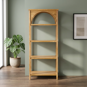 Japandi Teak Wood <b>Open</b> Bookcase with Modern Arched Accent Top Frame - Product Image 3