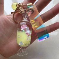 Pendentif de porte-clé flottant en ligne, licorne, bonbons au lait, fille, liquide, huile, sac, pendentif