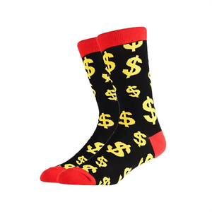 Calcetines de Media Pantorrilla para Hombre, Tallas 40-45, Negros con Diseño de Signo de Dólar Amarillo y Ribete Rojo, Calcetines Casuales de Moda - Product Image 1