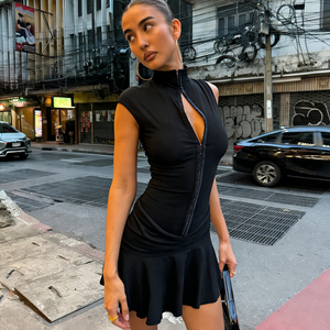 เดรสสั้นผู้หญิงสีพื้น ผ้าถัก แขนกุด ติดกระดุมด้านหน้า แต่งระบาย จับจีบ ทรงเข้ารูป สไตล์ลำลอง แฟชั่นฤดูร้อน - Product Image 5