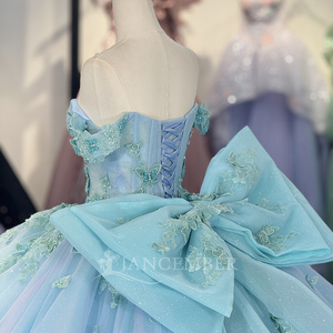 Vestido de Fiesta Azul Generoso para Niñas, Modelo 6771, con Lazo, Apliques de Cuentas, Cristales, Largo hasta el Suelo - Product Image 6