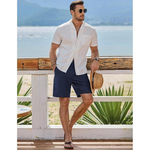 กางเกงขาสั้นผ้าฝ้ายลินินแบบลำลองสำหรับผู้ชาย8 "กางเกงขาสั้นชายหาดมีกระเป๋าเอวติดกระดุมสำหรับฤดูร้อน - Product Image 4