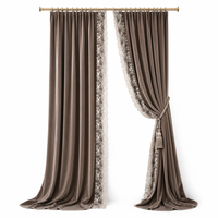 Rideau en velours moka vintage français avec bordure en dentelle florale festonnée, rideaux occultants lourds pour salon