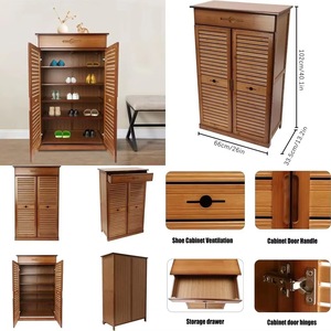 Brown bamboo louvered door cabinet with drawers and 5 shelves, multi-layer bamboo <b>shoe</b> <b>rack</b> storage cabinet - Product Image 2
