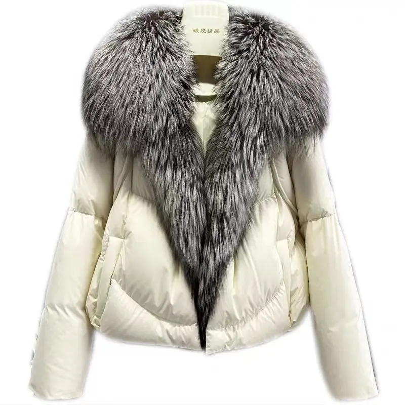 New Arrivals Puffer Bubble Goose Down Coat Women With Detachable Natural Silver Fox Fur Collar Thick and Warm Parka Women