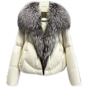 Abrigo de plumas de ganso burbuja para mujer, con cuello de piel de zorro de plata Natural desmontable, Parka gruesa y cálida, novedad