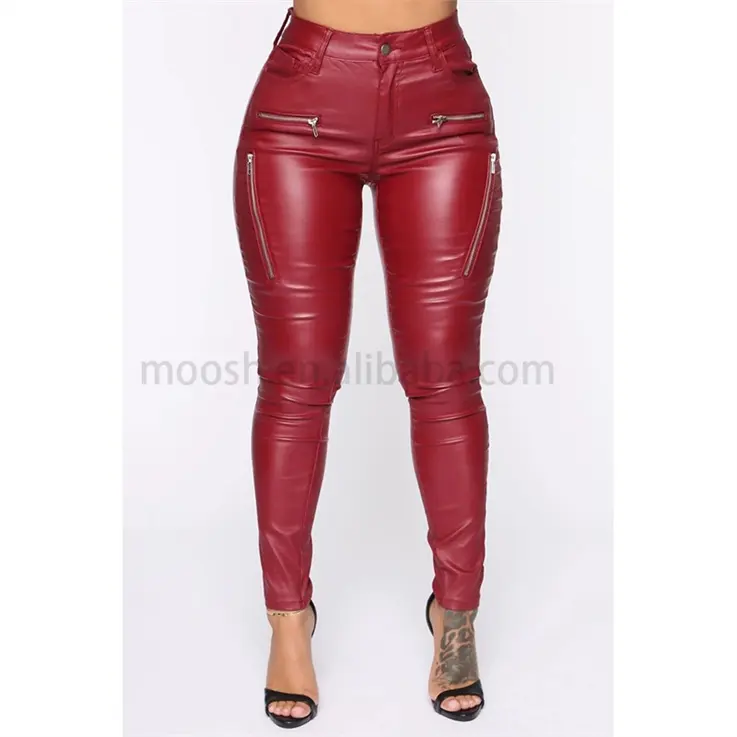 2022 New Black Vegan Leather Plus Size Pants Zipper Outfit Pu Leather Trousers For Women Ladies Push Up Faux Leather Pants Women