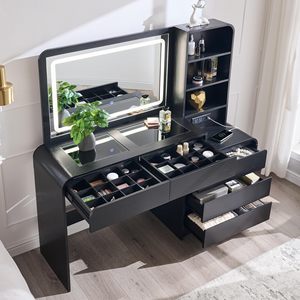 Elegante Set Toeletta in Legno Massello con Design Moderno <span class=keywords><strong>a</strong></span> Bordi Curvi, Specchio LED, Ripiani Aperti e Layout Personalizzabile per Camera da Letto - Product Image 3