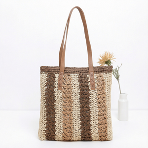 Nouveau Sac à Bandoulière Urbain Grande Capacité pour Femme 2026 – Tissé en Paille Marron et Polyester Vert, avec Blocs de Couleurs Bleus, Deux Bretelles et Fermeture Éclair - Product Image 1