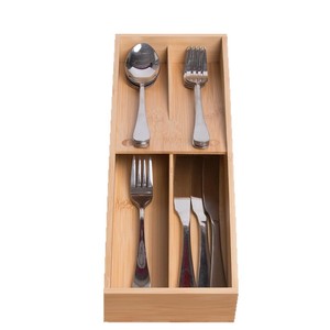 Bamboo Silverware Organizer 12L Rectangular Drawer <b>Storage</b> <b>Box</b> With Anti Skid Feet <b>Kitchen</b> Tableware Tray Stand - Product Image 2