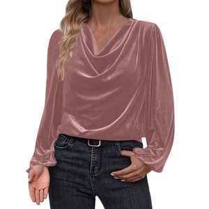 Elegante Camicetta da Ufficio in Velluto per Donna, Collo Drappeggiato, Maniche Lunghe con Spalle a Sbuffo, Vestibilità Comoda, <span class=keywords><strong>Top</strong></span> Casual Quotidiano - Product Image 3