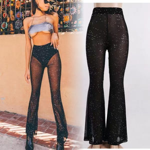 Vêtements pour femmes pantalons en <span class=keywords><strong>plastique</strong></span> goutte femmes taille haute noir décontracté dames jambe large discothèque Sexy maille voir à travers le pantalon - Product Image 1