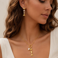 Set Kalung Mutiara Air Tawar Tulang Ikan Lapis Emas PVD Baja Anti Karat Pantai Musim Panas, Anting-anting Kristal Zirkon Ekor Ikan Gaya Laut untuk Wanita
