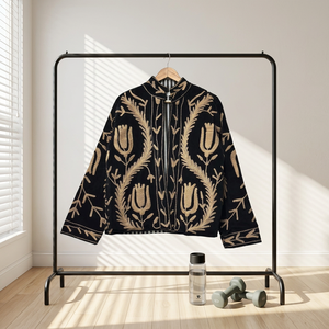 Black <b>Velvet</b> Embroidered Floral Print Blouson <b>Jacket</b> <b>for</b> <b>Women</b> Stand Collar Full Sleeve Zip-Up Spring/Summer Outerwear Bohemian - Product Image 4