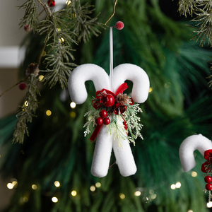 <b>Flocked</b> White Candy Cane <b>Christmas</b> <b>Tree</b> Hanging Ornaments With Bow Red Berry Pinecone Foliage Holiday Winter Home Decoration - Product Image 3