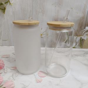 25/50 件美国仓库存 16 盎司透明磨砂玻璃啤酒汽水饮料罐 16 盎司热升华玻璃罐带竹盖和吸管 - Product Image 1