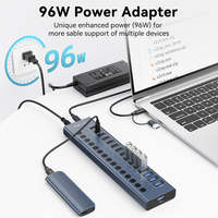Hub USB3.2 Gen2 16 ports 10 Gbps HB16Pro, 8 ports USB-A + 8 ports USB-C, hub alimenté 96W 12V/8A, séparateur USB en aluminium avec interrupteurs d'alimentation individuels