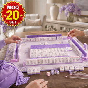 Ensemble de Mahjong en Acrylique Violet Lilas Esthétique Personnalisé, Tuiles de Jeu Haut de Gamme Gravées Motifs Botaniques avec Boîte de Rangement - Product Image 1