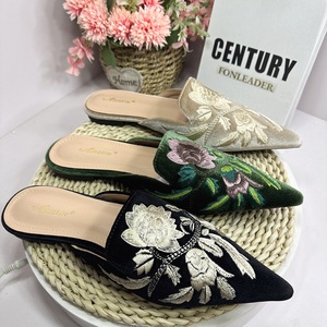 Hot Selling Satin Sandals Embroidered <b>Pointed</b> <b>Toe</b> Soft Breathable Elegant Mules on <b>Flats</b> - Product Image 1