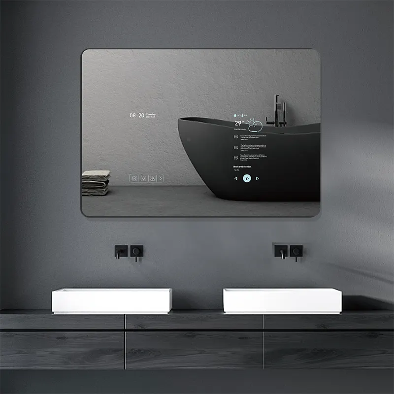 مرآة حمام ذكية تعمل باللمس مزودة بشاشة تعمل بالبلوتوث وخاصية WiFi وتعمل بنظام الأندرويد مرآة عصرية مزودة بإضاءة ليد
