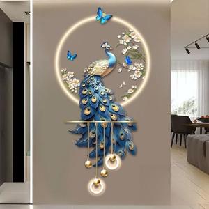 Peinture décorative pour entrée de porche 120x50cm, lampe murale LED tridimensionnelle haut de gamme, <span class=keywords><strong>paon</strong></span>, salon, fond de télévision - Product Image 4