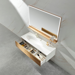 Meubles de salle de bain modernes en bois massif imperméable avec finition peinture PVC, double vasque et miroir pour hôtel et appartement - Product Image 1