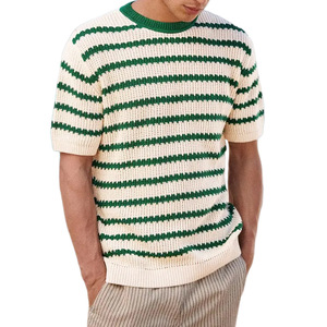 Pull en tricot rayé pour homme, manches courtes, col rond, style décontracté d'été, vert et blanc, style jeune - Product Image 5