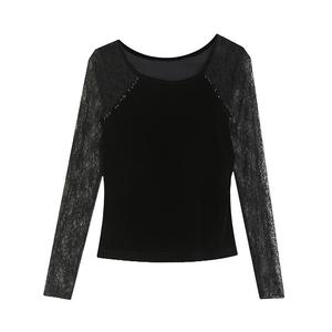 Chic maille paillettes col en v Patchwork manches longues Slim Fit minceur T-shirt femme influenceur en ligne T-shirt petite chemise en Stock S - Product Image 5