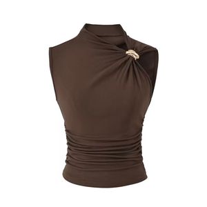 Gilet sans manches asymétrique plissé coupe ajustée couleur unie avec boucle métallique, style européen et américain - Product Image 4