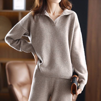 Ensemble de loungewear confortable pour femme en cachemire tricoté 100% : Haut à col revers et épaules tombantes, pantalon large en maille, coupe décontractée