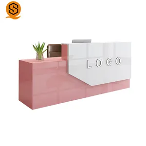 Customizable Logo Office Building Front Artificial Stone Woodpink Reception Desk