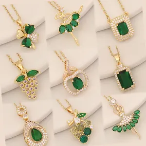 Emerald Zircon 18K Gold Plated Stainless Steel Fruit Cross Butterfly Pendant Necklace Jewelry