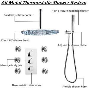 Sistema de Ducha Termostático de Latón Cromado Pulido, Totalmente Metálico, de Gran Flujo, Empotrado, con Cabezal de Ducha de Lluvia LED de 12 Pulgadas, Precio de Fábrica - Product Image 4