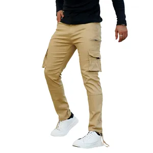 Personalizado Color Sólido Pantalones Elástico Multi-Bolsillo Diseño Slim Cargo Pantalones Hombres